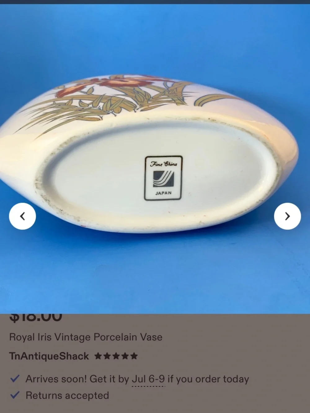 Vintage White Porcelain Vase with Brown Royals Iris Illustration Gold Trim